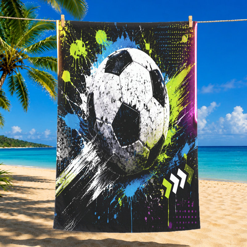 1 serviette de plage de soccer, conception dynamique Splash Art, couleurs vibrantes, parfaite pour la piscine, les voyages, la microfibre à séchage rapide, unisexe