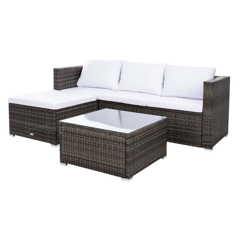 Ensemble de conversation en rotin avec coussins 3 pièces Oxley, Structure brune / Coussin blanc