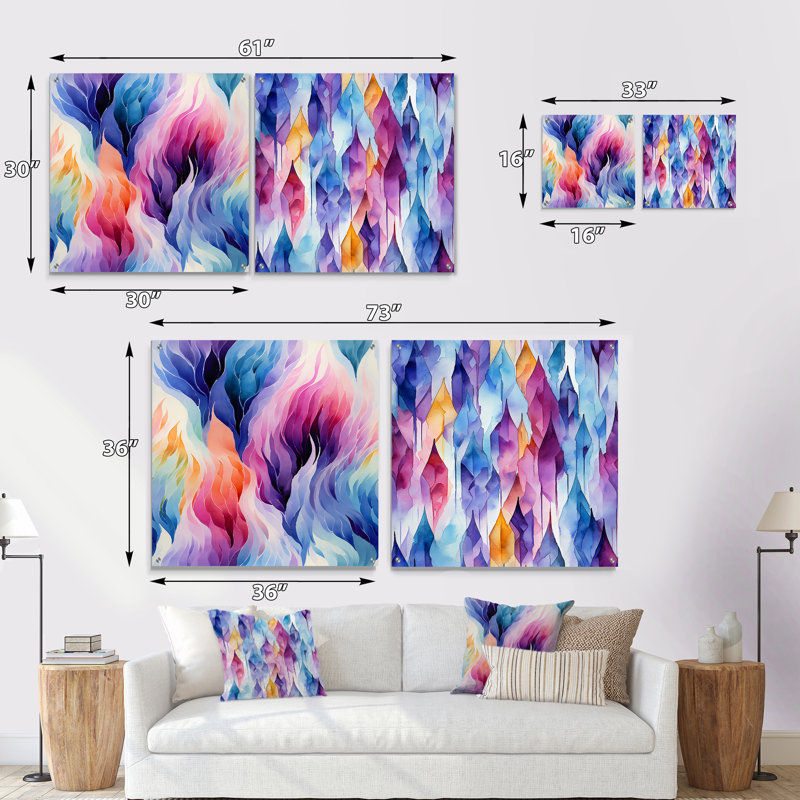«Ikat Mirage» aquarelle colorée - ensemble de 2 peintures murales abstraites en acrylique, H 36 po x l 73 po