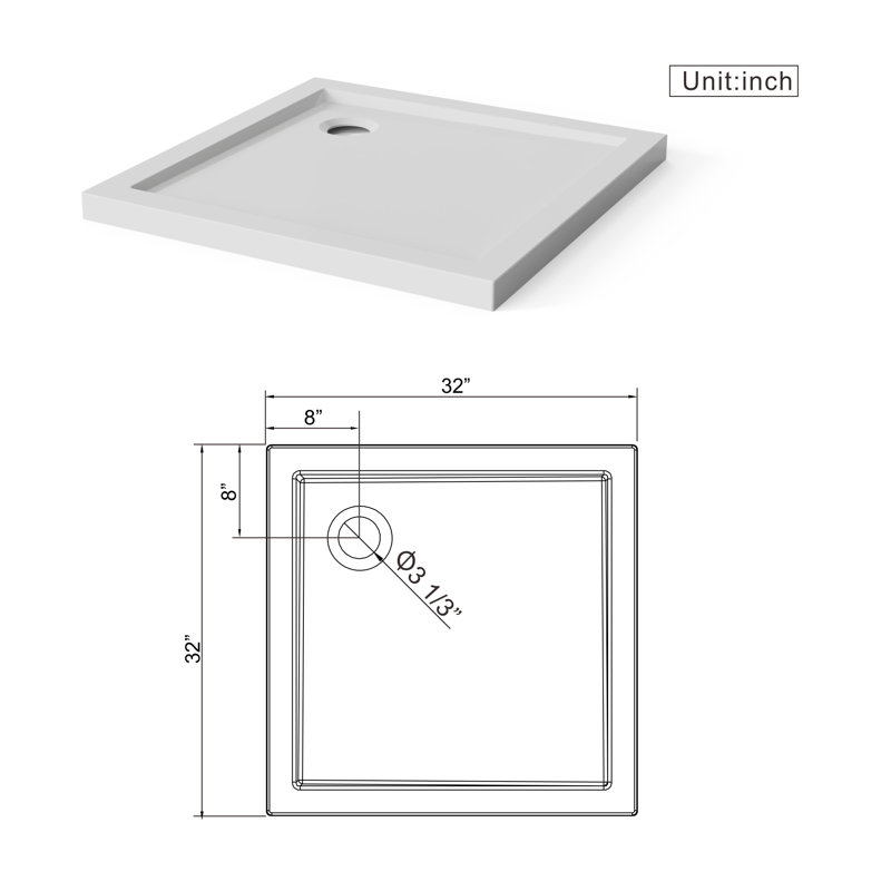 Classic Base de bac de douche en alcôve avec drain centré L 32 po x l 32 po Classic