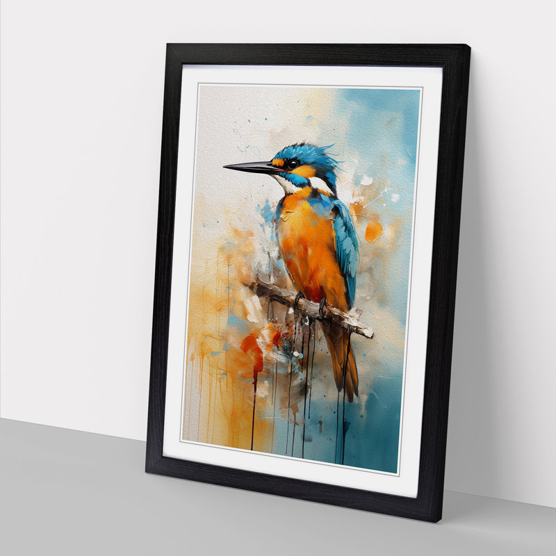 Kingfisher Gestural - Single Picture Frame Print on Wood, 64cm H x 46cm W x 2cm D, Black