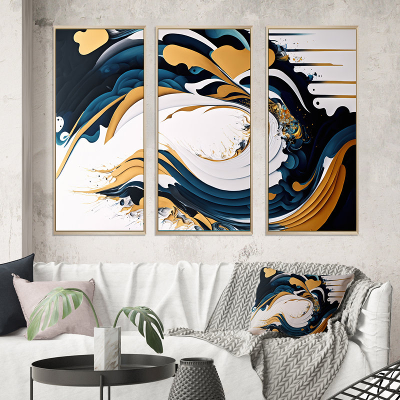 Bleu et or, art moderne abstrait, peinture V - ensemble d'art mural moderne sur toile, H 28 po x l 36 po x P 1 po