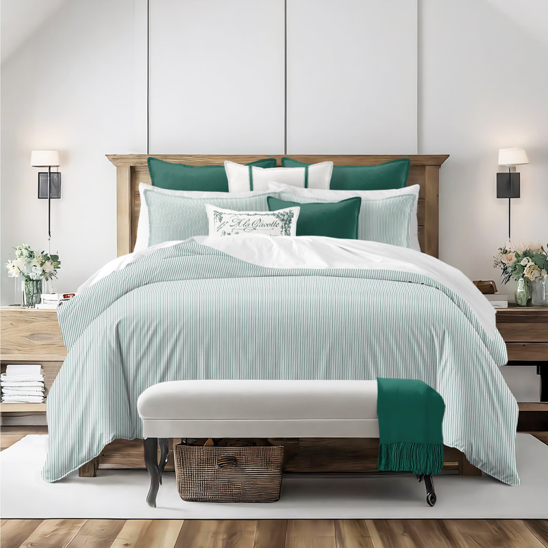 Jaxon Stripe Cotton Reversible Coverlet Set, Cal.King Coverlet/Bedspread + 2 King Shams, Evergreen