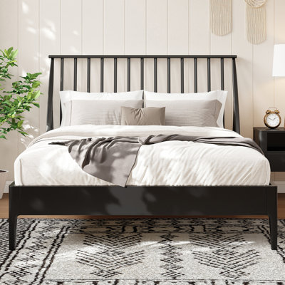 Solid Bamboo Wood Spindle Platform  Bed With 46.5" Tall Headboard