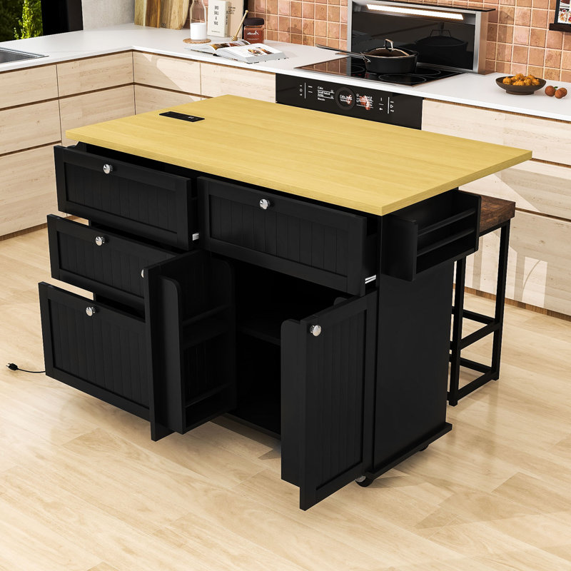 Rijwana 4 Drawers Kitchen Island Set With Drop Leaf And 2 Seatings, Black