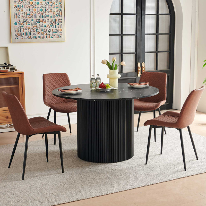 4-Person Dining Set, Black Marble, Brown
