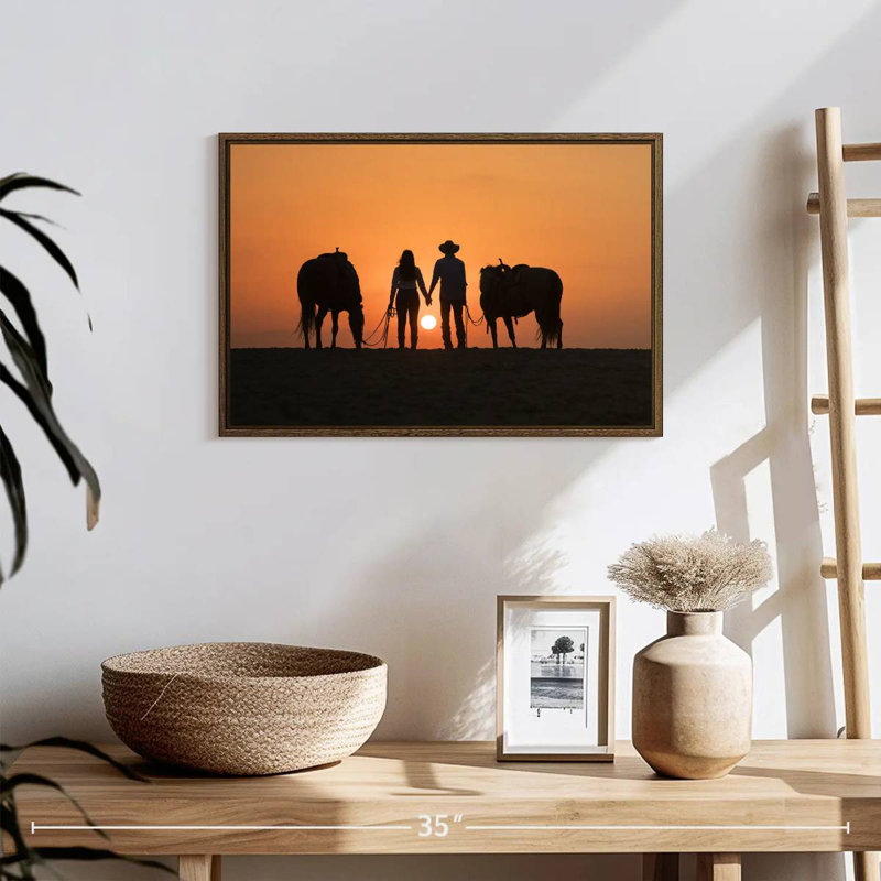 Couple de cowboys, 19 po x 13 po, Cadre flottant noyer