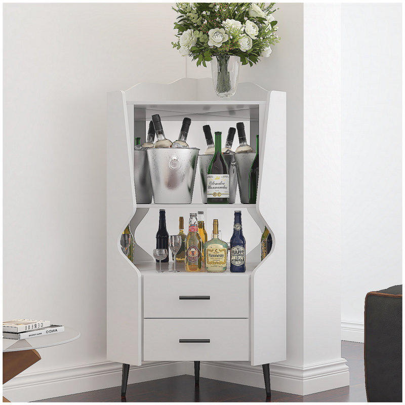 Wooden Corner Bar Cabinet with Open Shelves, Drawers, Mirrored Back, and High Legs for Easy Cleaning, White
