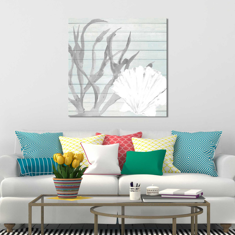 «Seashell on Blue Wood», reproduction de peinture à l'aquarelle, H 18 po x l 18 po x P 1 po, Toile tendue