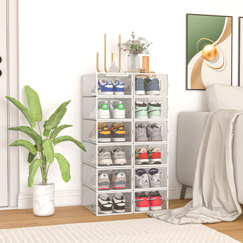 12 Pack Shoe Organizer Storage Bins, Clear Plastic Stackable Shoe Boxes For Closet, Space Saving Foldable Shoe Storage Bins, Sneaker Storage Shoe Box Container, White Frame 