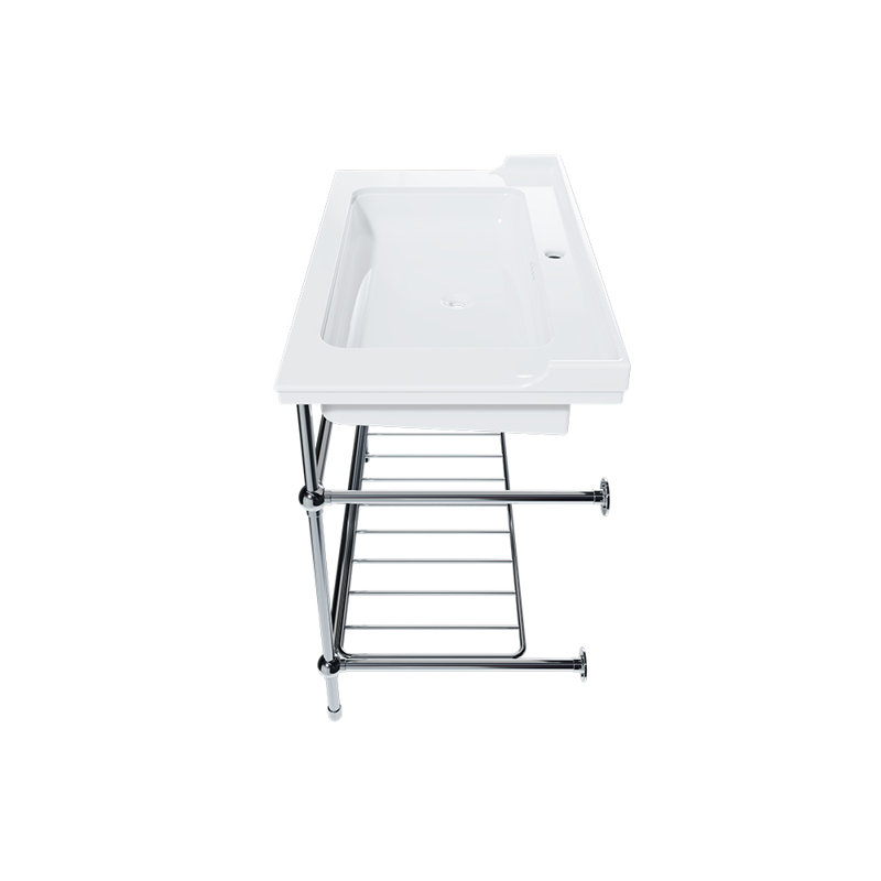 Gloss White Fireclay Rectangular Console Bathroom Sink with Overflow, Chrome, Single