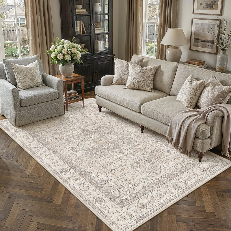 Emery Traditional Oriental Washable Area Rug With Non-Slip Backing, Rectangle 6' x 9', Beige