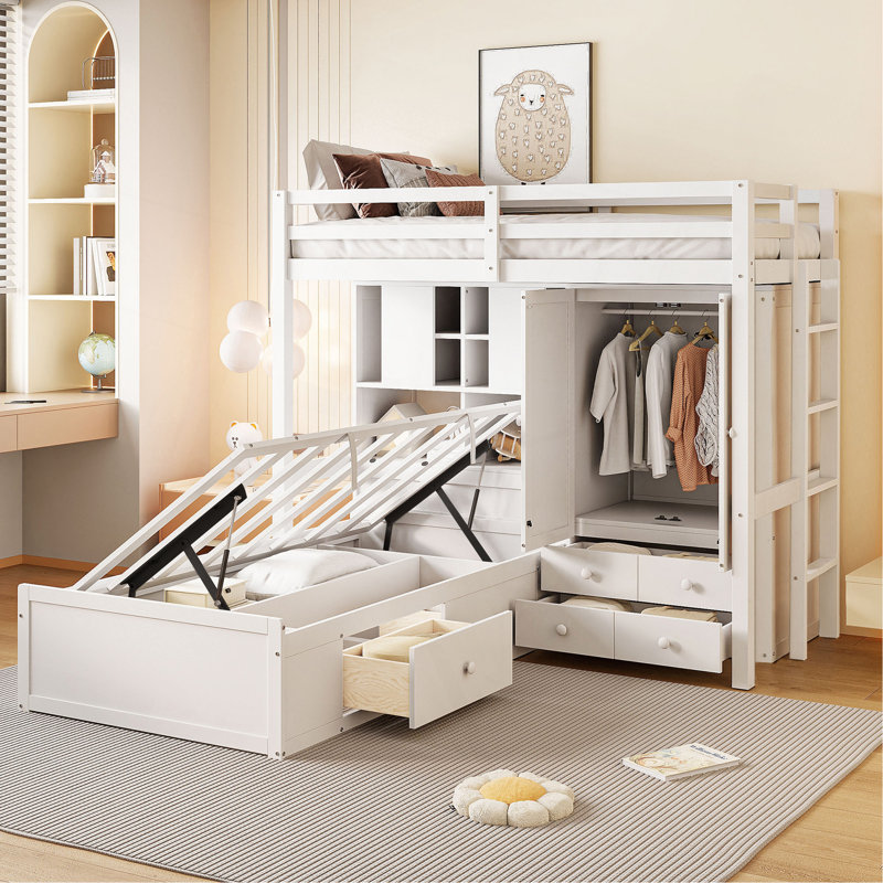 Lit superposé simple avec tiroirs, garde-robe, tablettes de rangement et lit hydraulique, Blanc