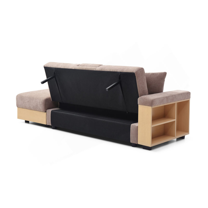 Canapé-lit convertible, canapé-lit double pliant multifonctionnel, repose-pieds avec rangement et accoudoir avec boîte et tiroir, table rabattable avec 2 supports à tasses pour le salon, appartement, bureau, brun clair