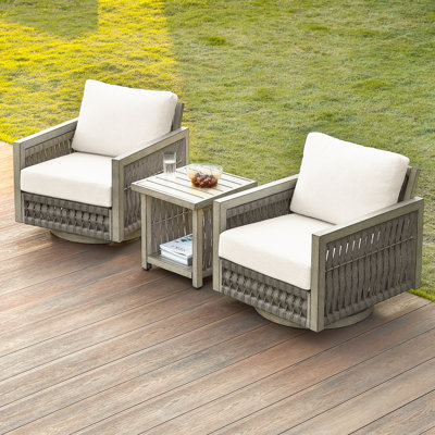 Seehill 3 Pieces Patio Furniture Set, Outdoor Aluminum Swivel Patio Bistro Set With Washable Cushions, Rope Weave Patio Conversation Set, Outdoor Furniture Set For Garden, Porch, Deck, Pool, Gray Oak