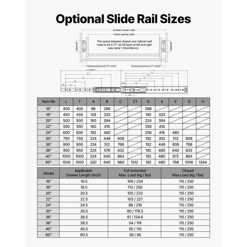 Glissières de tiroir robustes, 76 cm (30 po), 113 kg (250 lb), rails à fixation latérale verrouillables, rails à billes à extension complète en 3 parties, 6 paires, pour cuisine, établi, VR, en acier au carbone, avec vis et écrous.