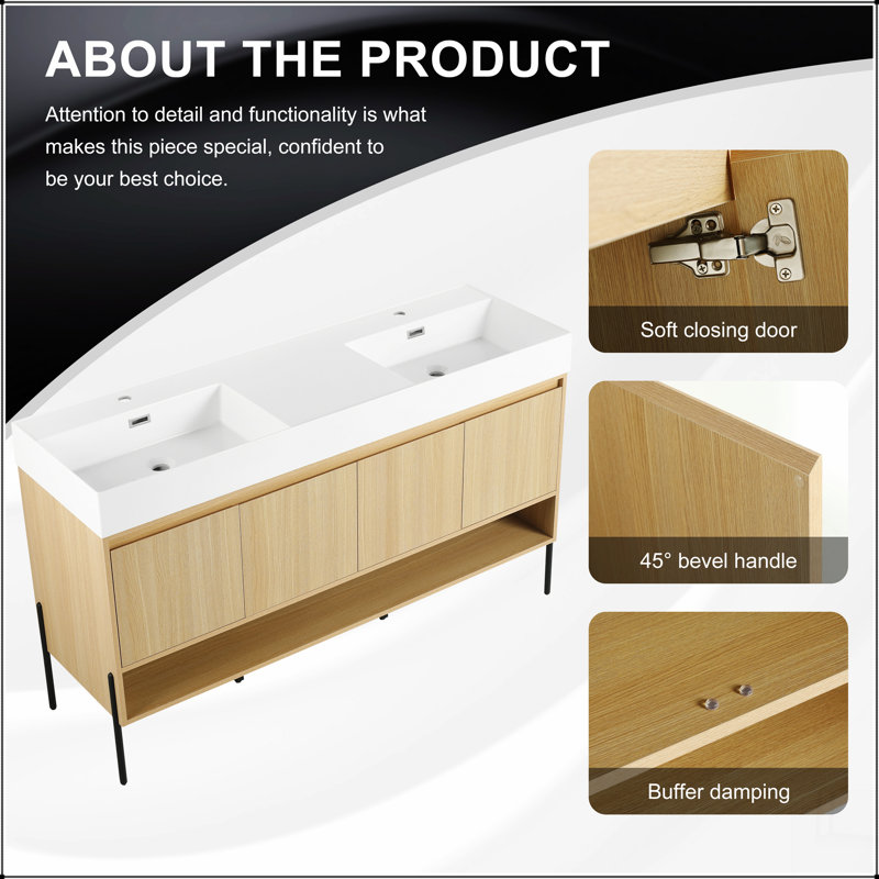 Ensemble de meuble-lavabo 60 po avec lavabo simple en résine, ensemble d'armoires de rangement modernes 4 portes, bois massif multicouche, chêne