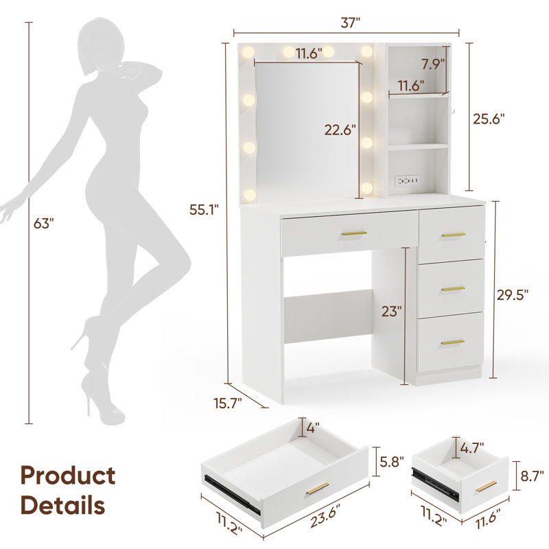 Makeup Vanity Desk With With 10 Light 3 Lighting Modes Brightness And Mirror And Power Outlet, White