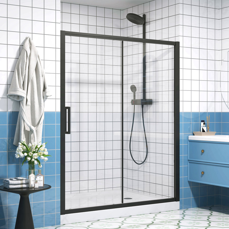 Single Sliding Opening Shower Door 56-60"W X 72"H Semi-Frameless Design Design Shower Glass Panel, 1/4" (6Mm) Clear Tempered Glass, Transparent Safety Film