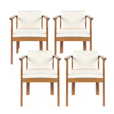 Ensemble de 4 chaises de salle à manger d'extérieur avec accoudoirs courbés en bois d'acacia et coussins crème