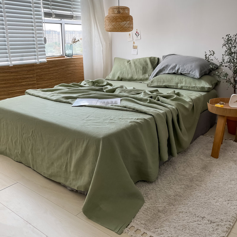 100% Linen Sheets Set, Queen Sheet Set with 2 Pillowcases, Green