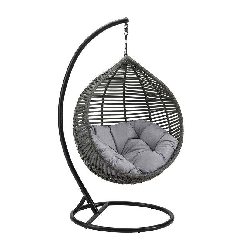 Gray Wicker Teardrop Hanging Chair with Cushions