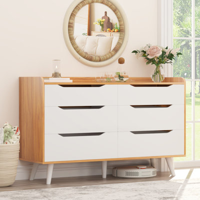 6 Drawer Dresser, Mid-Century Modern Dresser Wide 6 Chest Of Drawers, Wooden Storage Cabinet For Entryway, Bedroom, Living Room, Hallway