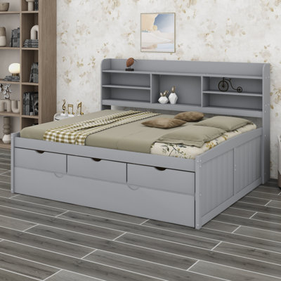Captain Bed Frame with Built‑in Bookshelves, Three Spacious Storage Drawers and  Trundle for Bedroom