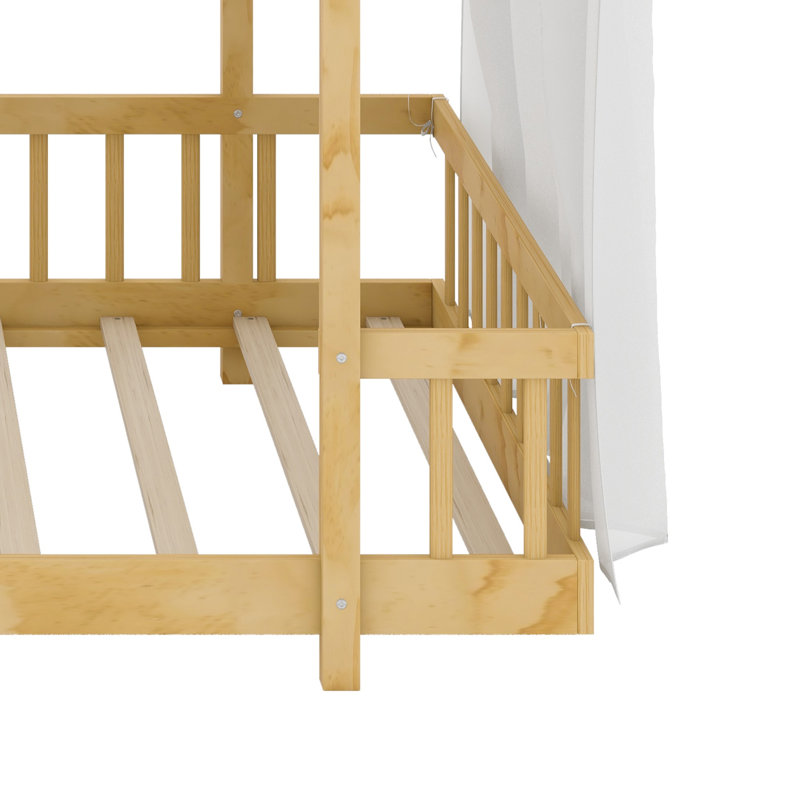 Lit plateforme avec cadre en forme de maison, baldaquin vaporeux et guirlandes lumineuses pour enfants, Lit simple, Natural