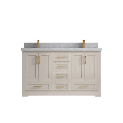 Boston 60 In. W X 22 In. D Double Sink Bathroom Vanity In Fine Grain With 2 In. Quartz