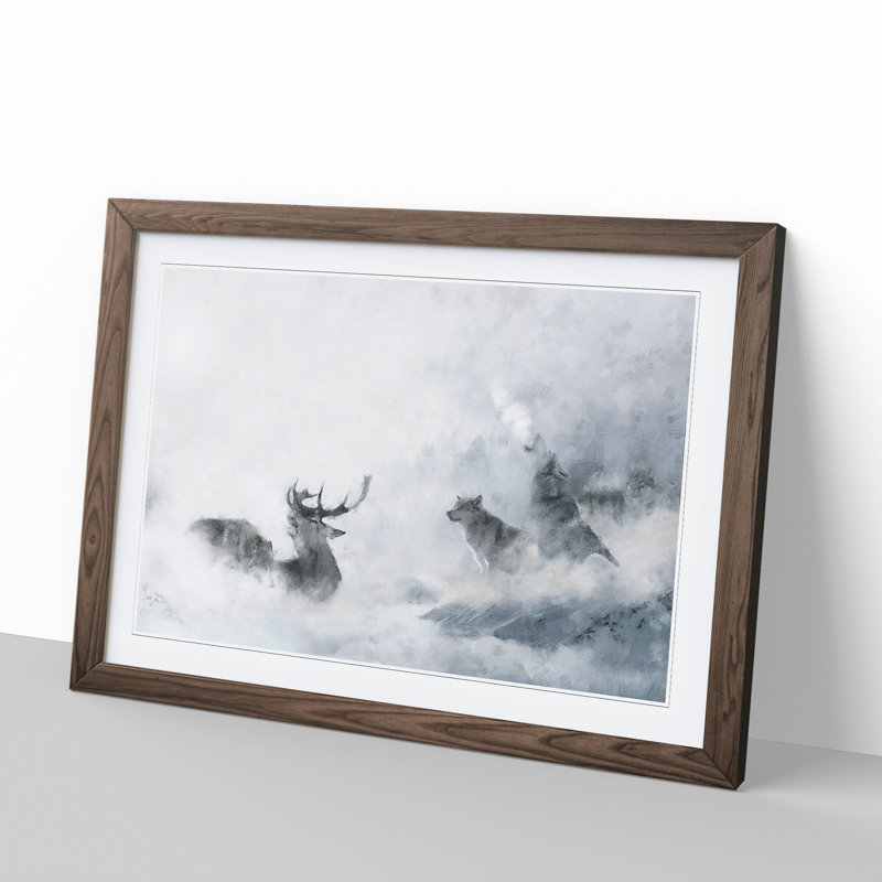 Wolves and Stag - Picture Frame Painting, 27cm H x 36cm W x 2cm D, Walnut Framed