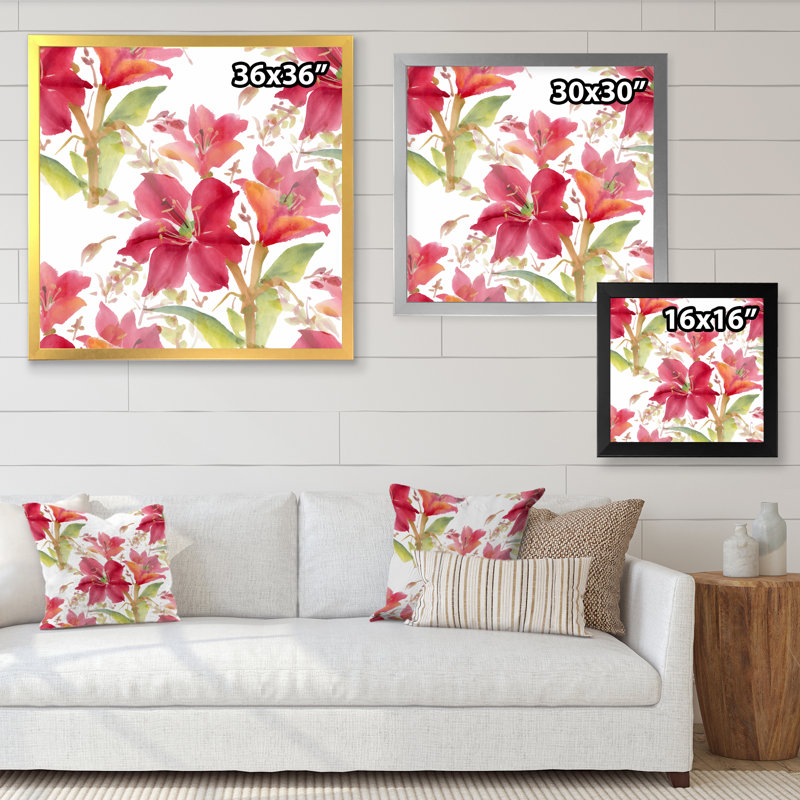 Motif sans couture avec fleurs - peinture sur toile, Cadre noir, H 36 po x l 36 po