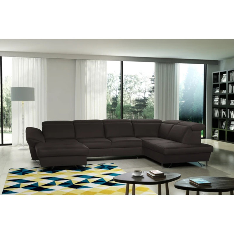 Natron Leather Corner U-form Sectional with Sleeping Function and Storage, Brown, Right Hand Facing