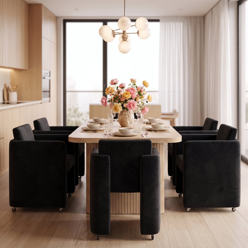 Ensemble de salle à manger moderne 5 pièces avec chaises rembourrées en velours noir à roulettes, 5 Pieces: Table, 4 Chairs