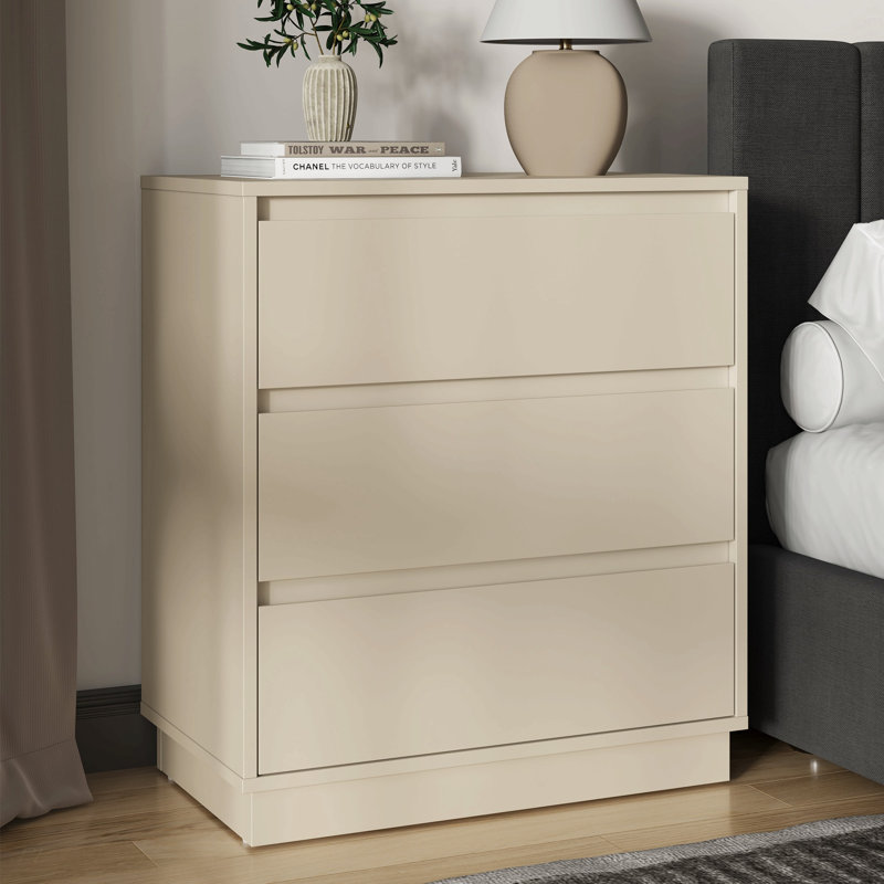 Grand ensemble de 2 commodes à 3 tiroirs, table de chevet moderne pour chambre à coucher, table de chevet large avec système coulissant dissimulé, commode en bois pour le salon, vestibule, beige