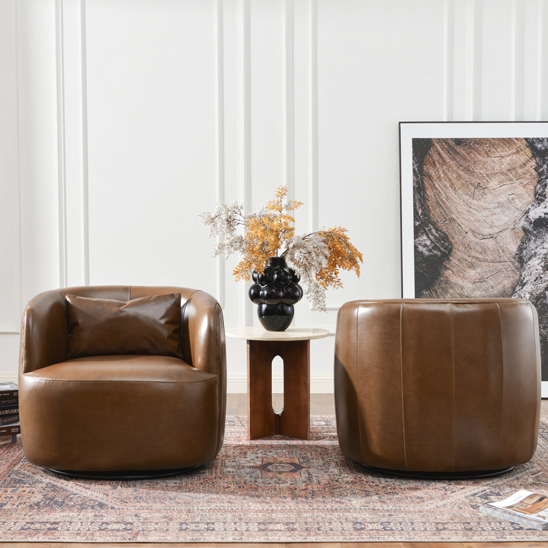 Fauteuil pivotant en cuir pleine fleur véritable (2 pièces), Brun