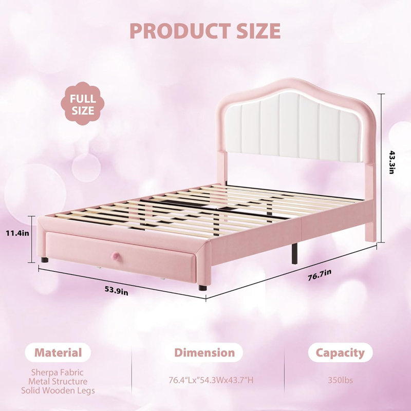 Bed for Girls with LED Headboard & Storage Drawer,Upholstered Full Size LED Bed Frame with Storage Drawer,Kids and Youth Princess Platform Bed, Upholstered Velvet, Easy Assembly