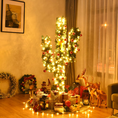 Artificial Cactus PVC Christmas Tree with LED Lights and Ball Ornaments,Green