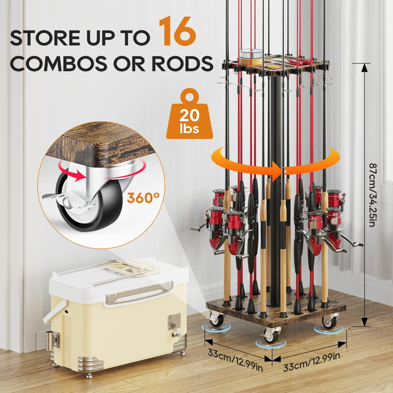 Fishing Rod Rack for 16 Poles - 360° Rotating Base with Casters, Brown