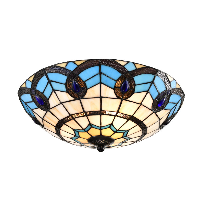 Thora Turquoise Blue, Ivory Tiffany Style Flushmount Ceiling Lamp