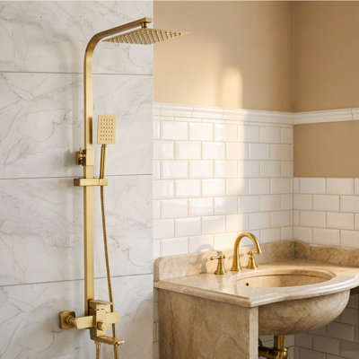 Pomme de douche à jet de pluie carré 8 po Mosson, ensemble de douche mural en or brossé avec douche à main en acier inoxydable et barre coulissante