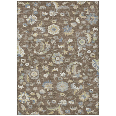 3' X 5' Chocolate Beige And Blue Floral Washable Indoor Outdoor Area Rug