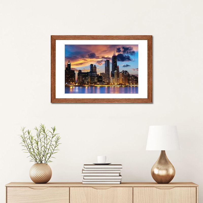 Chicago Skyline by Paul Rommer iCanvas, 16" H x 24" W x 1" D, Classic Wood Open Corner Frame Paper