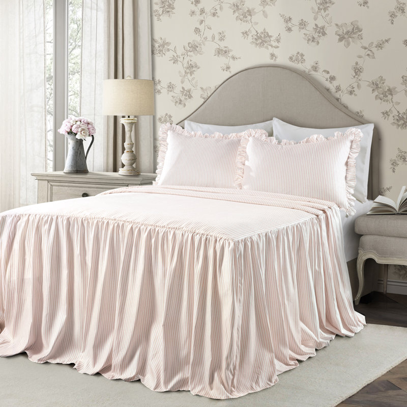 Blush Queen Ruffled Edge Pinstripe Bedspread Set