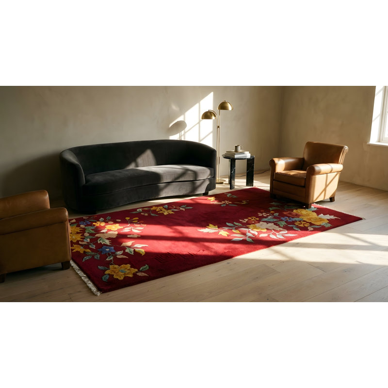 Vibrant Red Open Field Antique Small Scatter Size Chinese Art Deco Rug