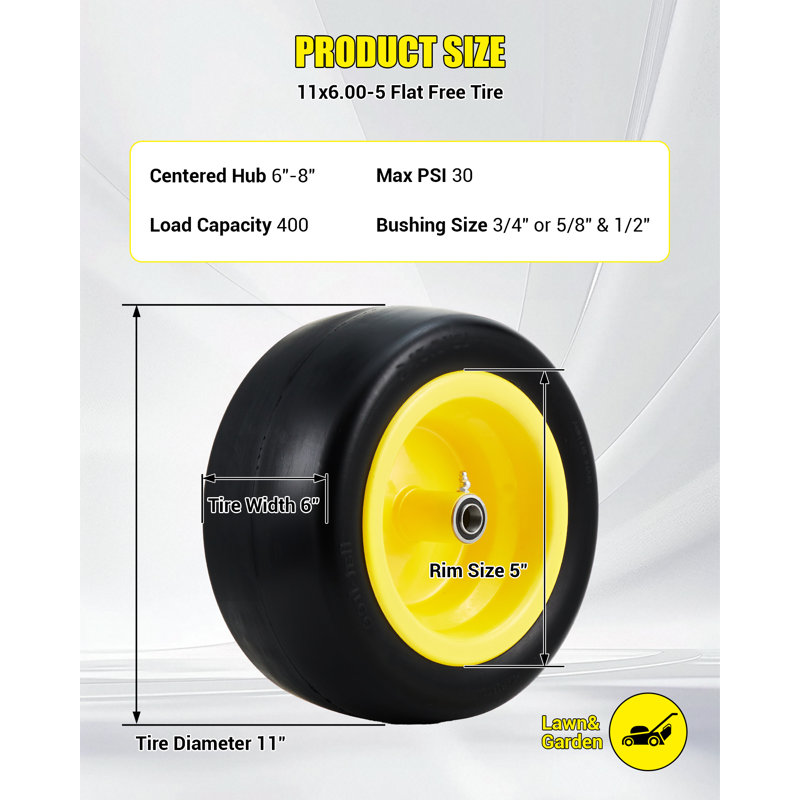 2 Pack 11x6.00-5 Flat Free Solid Mower Tires, 450lbs Load Zero Turn Front Tire with Multi-Size Bearings for Bad Boy Cub Cadet