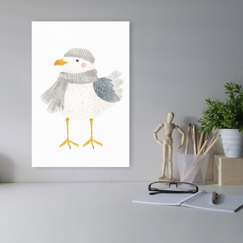 Cozy Seagull Friend Whimsical Contemporary Seagull Bird Winter Wall Art Print 1 Piece Wrapped Canvas Wall Art