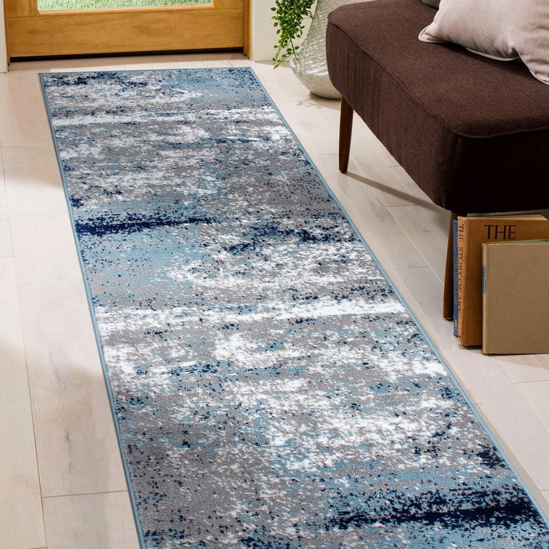 Willington Abstract Gray/Blue Rug, Runner 2' x 7'