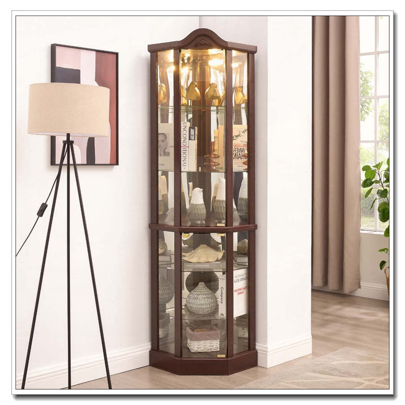 Armoire de coin en verre avec éclairage, Cerisier, H 72 po x l 17 po x P 17 po