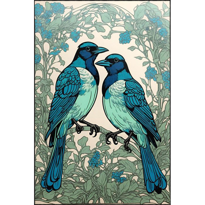 Tapis décoratif bleu à motif d'oiseaux lavables à la machine, Sous-tapis carré 3 pi 3 po inclus